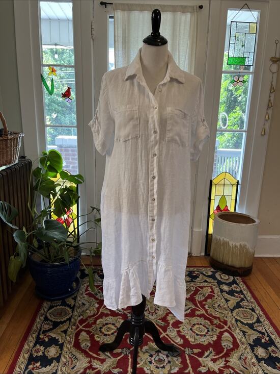 Saks Fifth Avenue Dresses & Skirts - Saks Fifth Avenue L 100% Linen White Dress Button Down Tiered Ruffle Pocket Boho
